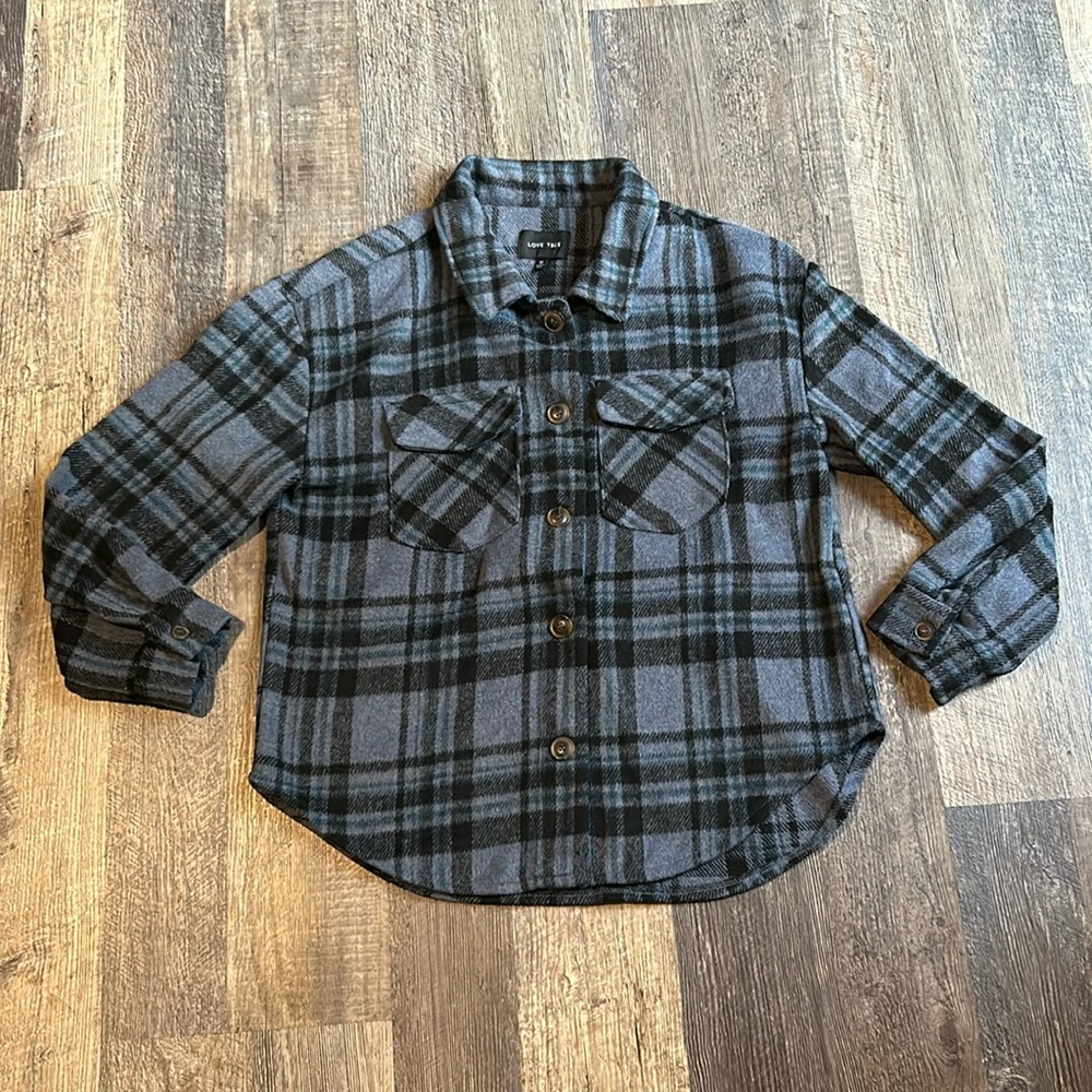 Love Tree Womens Fleece Plaid Oversized Shacket Jacket Long Sleeve Medium Blue